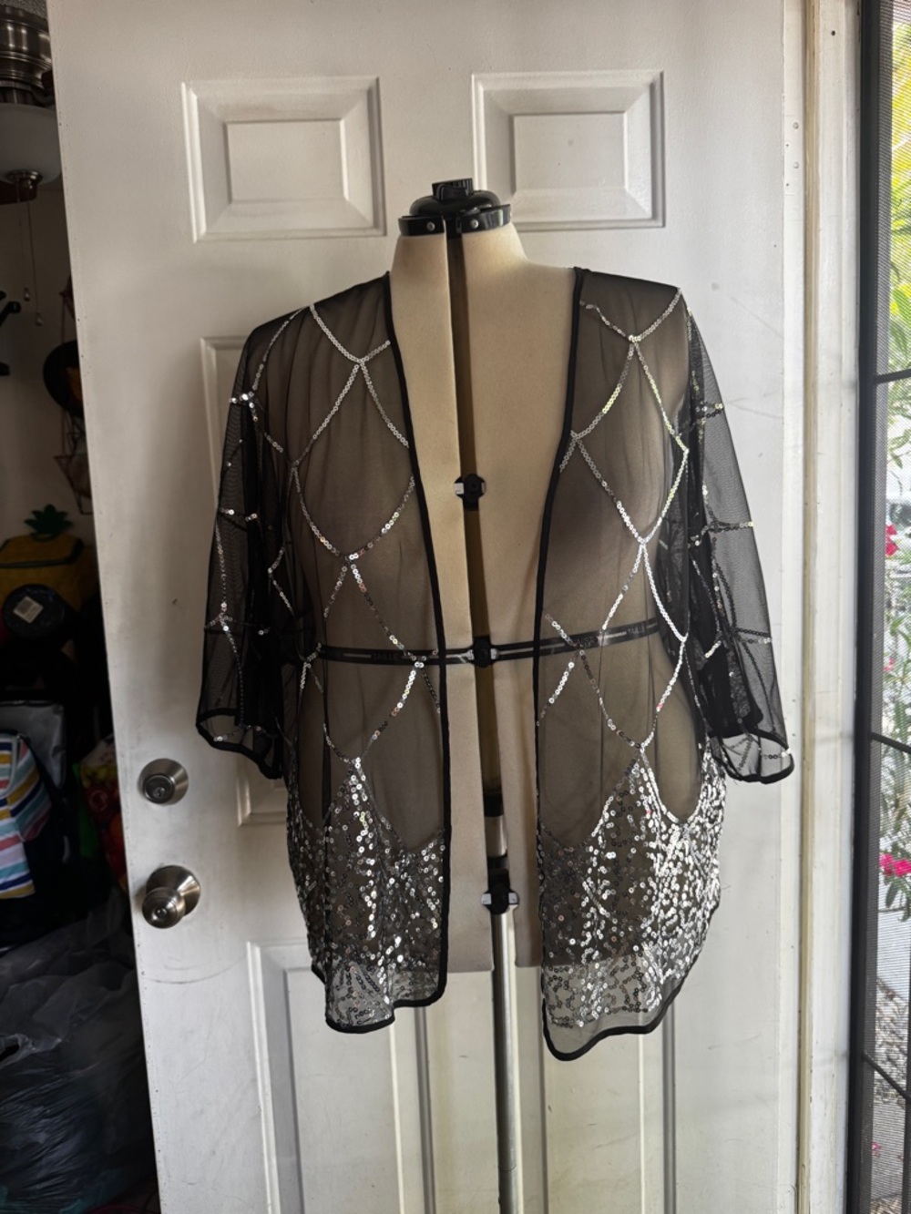 SHEIN Black Sequin Mesh Open Front Kimono